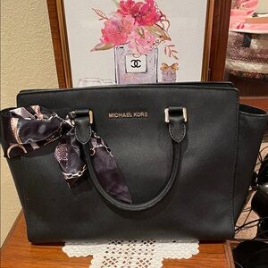 Michael Kors Black Saffiano Tote with Decorative Scarf